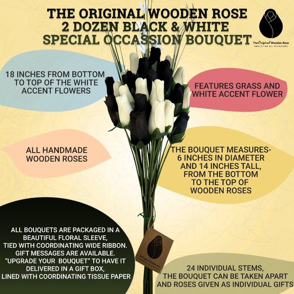 2 Dozen Black and White Wooden Rose Flower Bouquet. The Original Wooden Rose - Picture 3 of 8